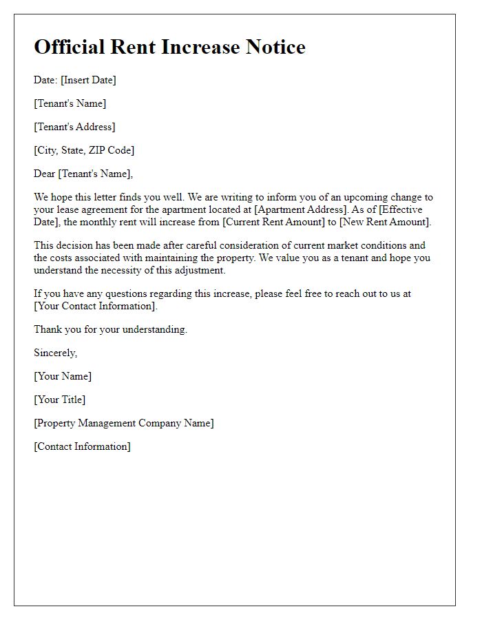 Letter template of Official Rent Increase Letter for Apartment Lease