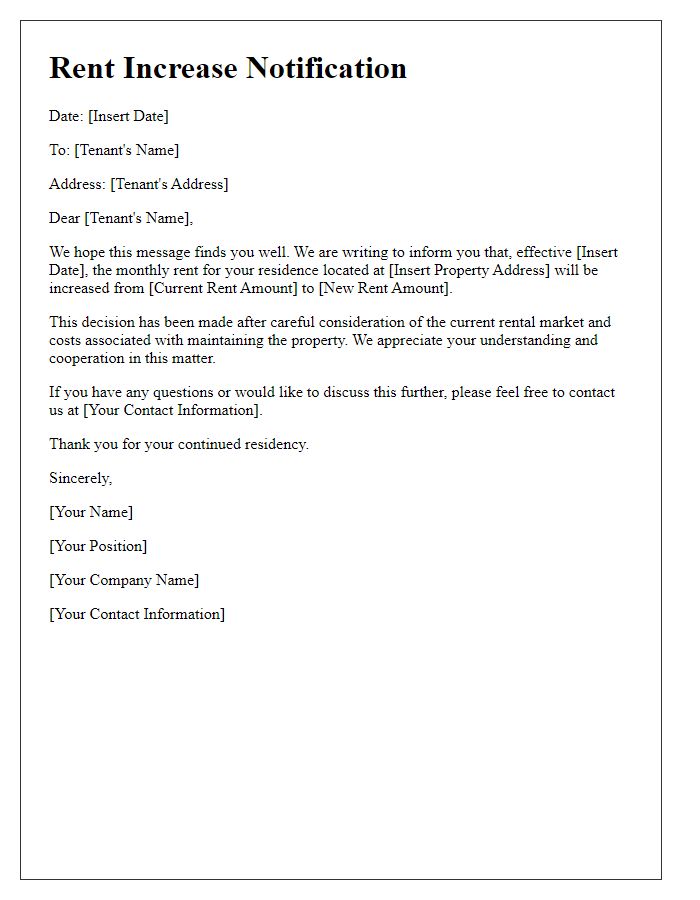 Letter template of Rent Increase Notification for Residential Tenants