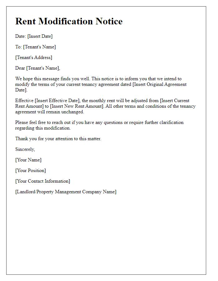 Letter template of Rent Modification Notice for Tenancy Agreement