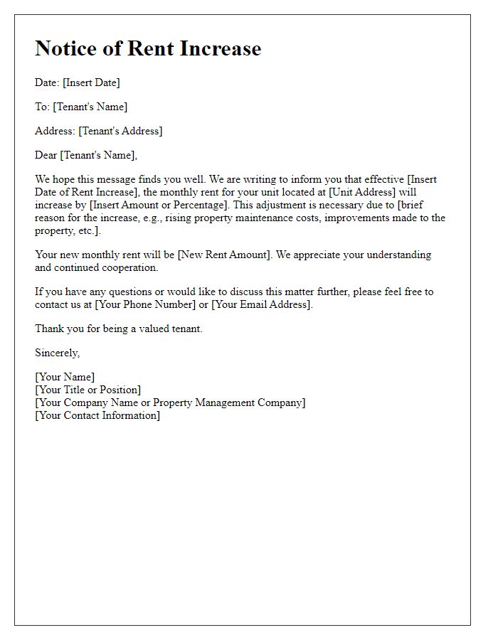 Letter template of Tenant Rent Increase Communication