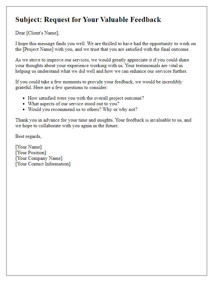 Letter template of inquiry for client testimonials after project completion