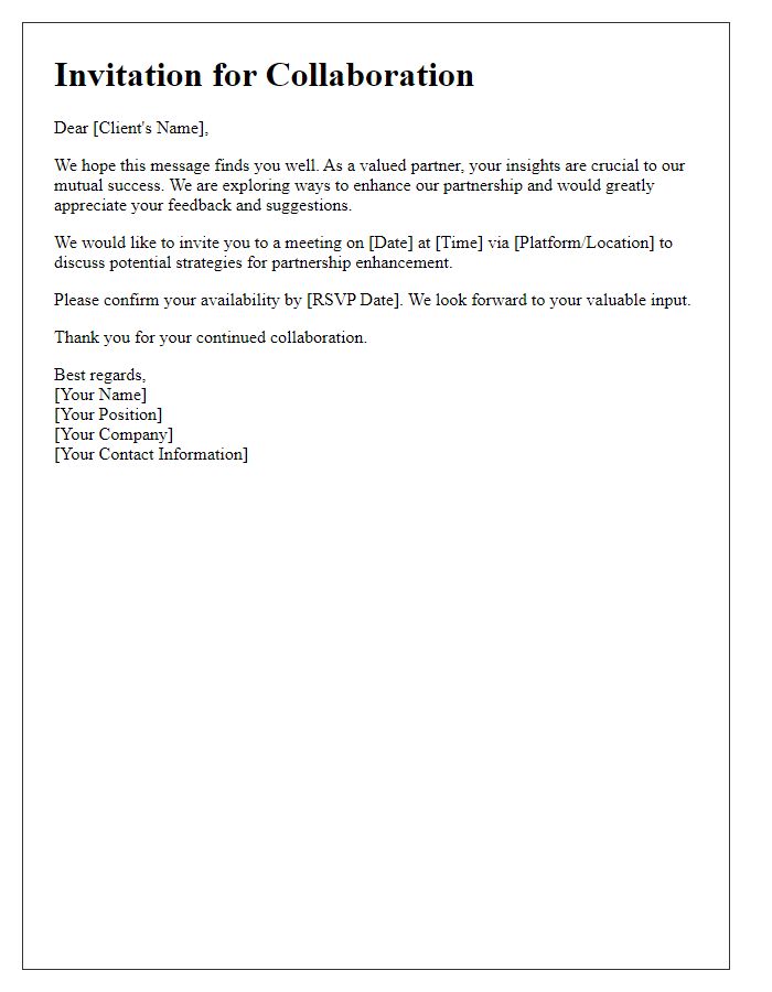 Letter template of invitation for client suggestions on partnership enhancement