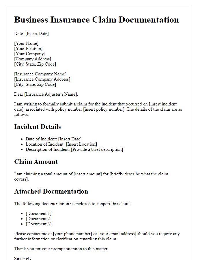 Letter template of business insurance claim documentation