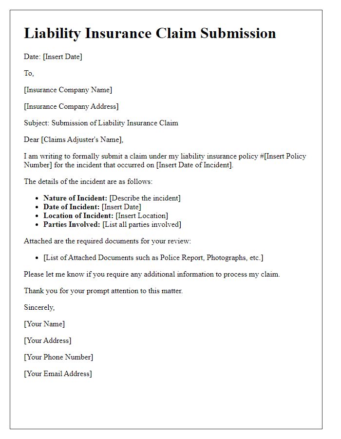 Letter template of liability insurance claim submission