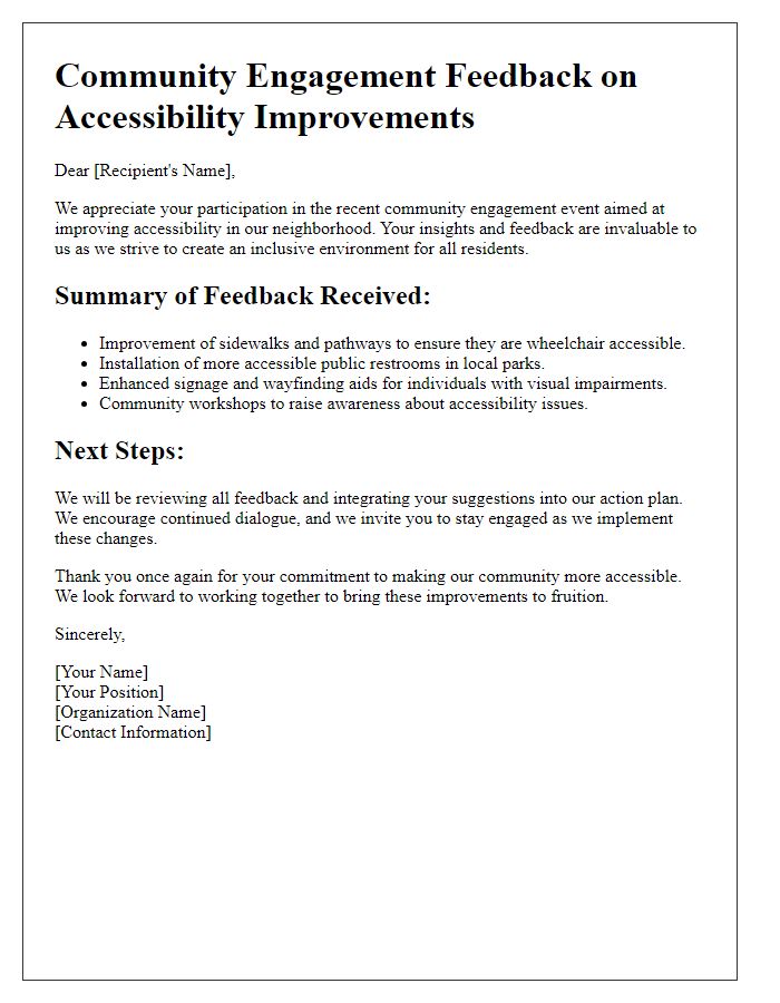 Letter template of community engagement feedback for accessibility improvements.