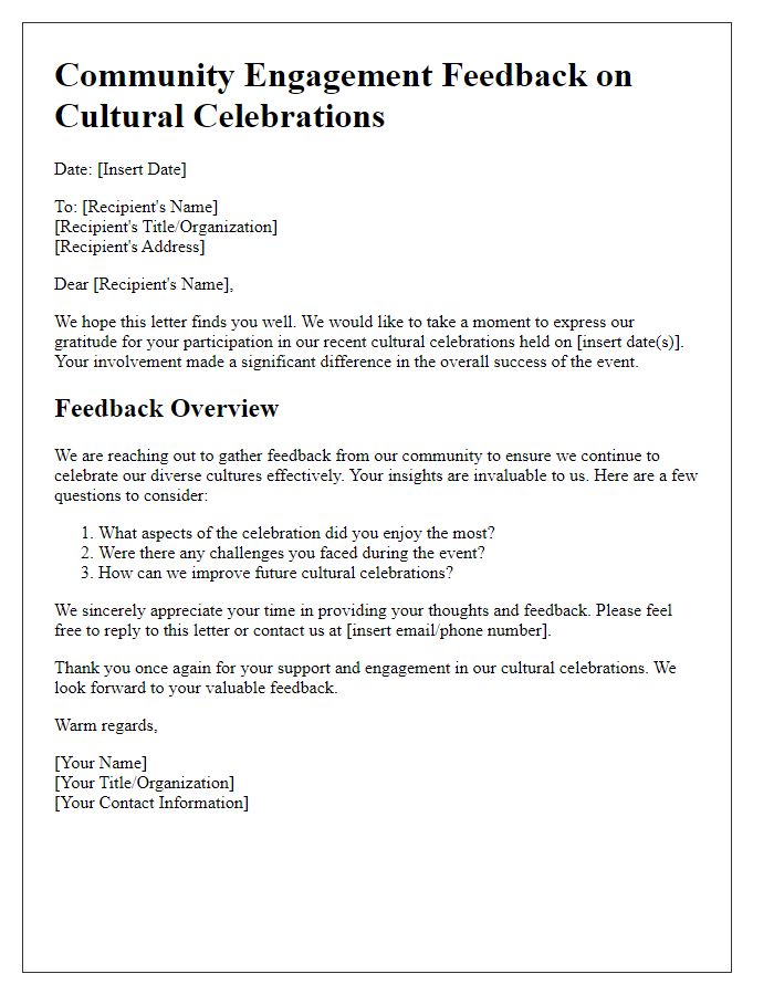 Letter template of community engagement feedback for cultural celebrations.