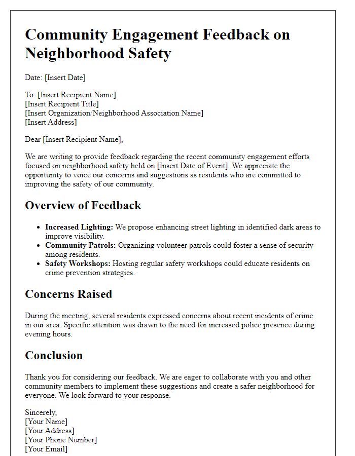 Letter template of community engagement feedback for neighborhood safety.