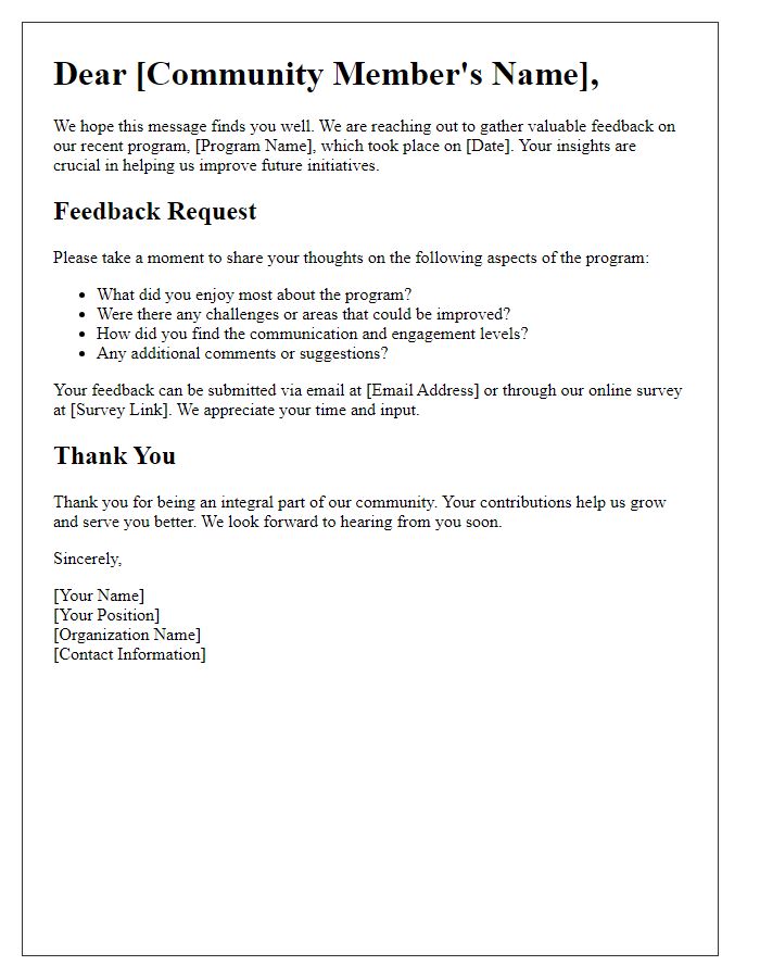 Letter template of community engagement feedback for program improvement.