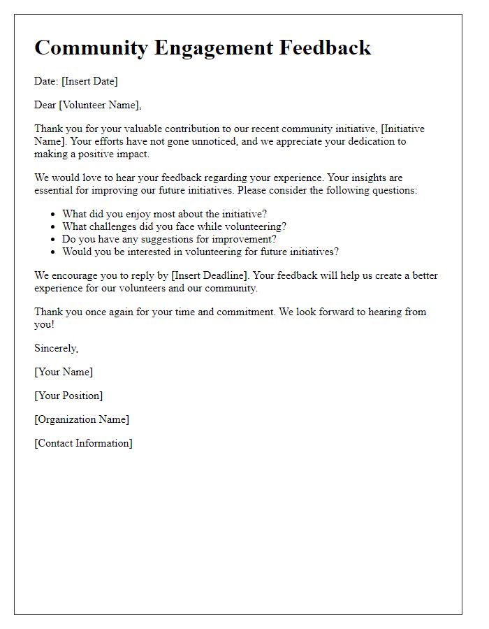 Letter template of community engagement feedback for volunteer initiatives.