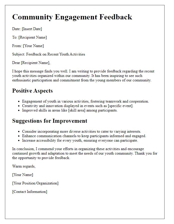 Letter template of community engagement feedback for youth activities.