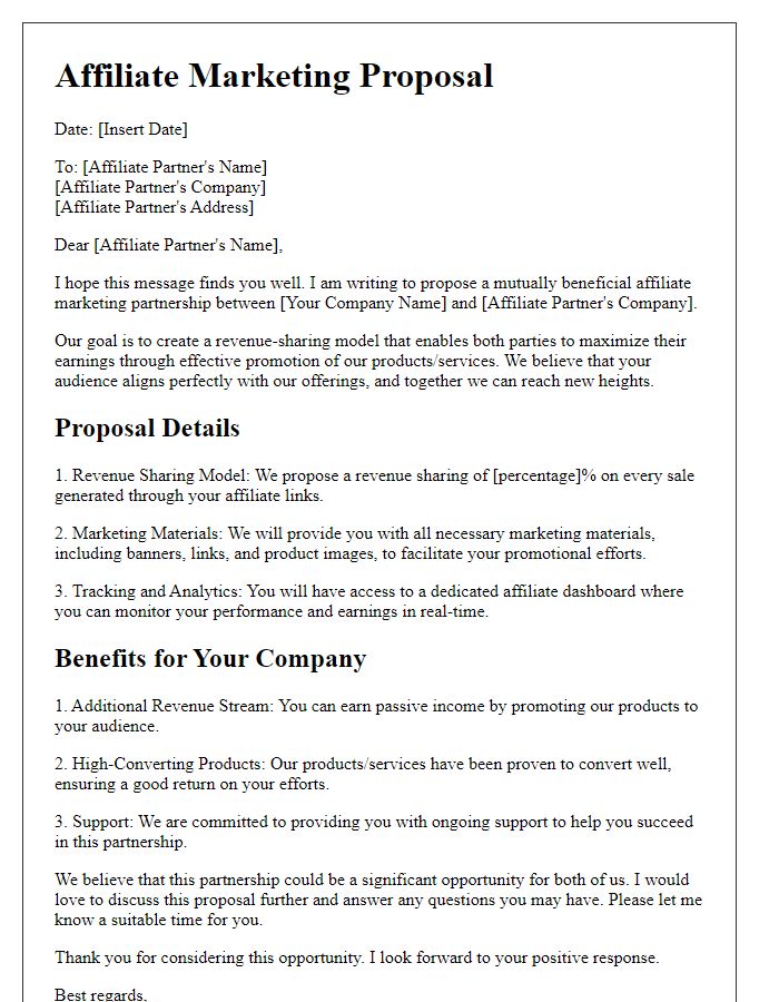 Letter template of affiliate marketing proposal for revenue sharing