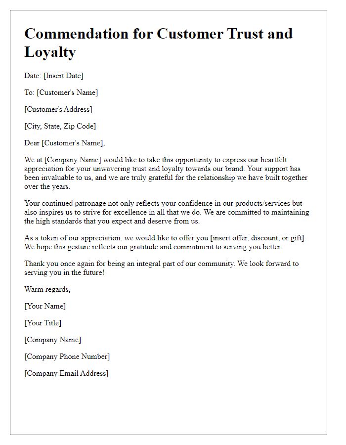 Letter template of commendation for customer trust and loyalty.