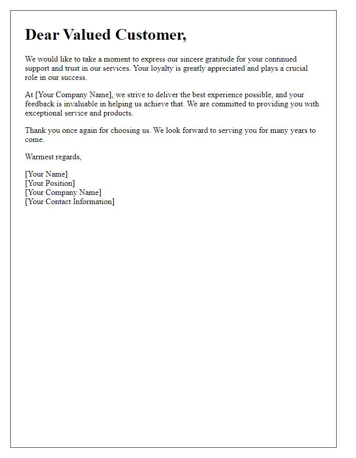 Letter template of sincere thanks to valued customers.