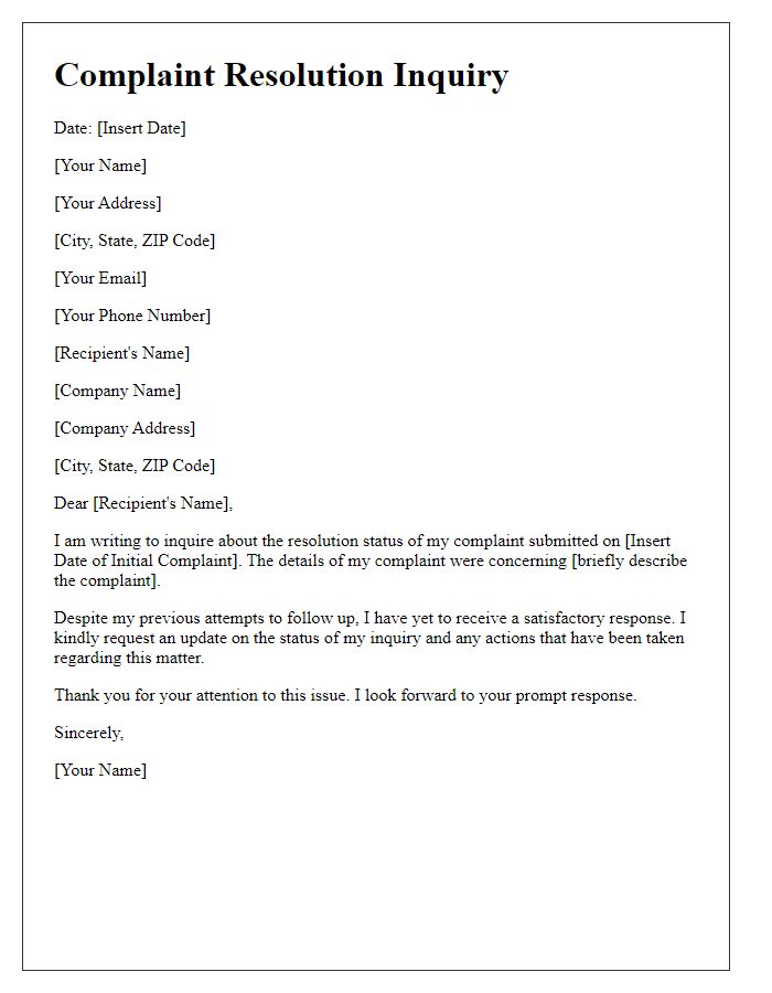 Letter template of complaint resolution inquiry