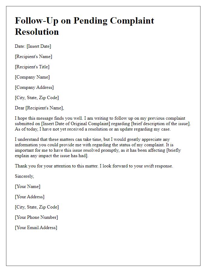 Letter template of follow-up for pending complaint resolution