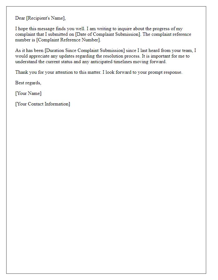 Letter template of inquiry about complaint resolution progress