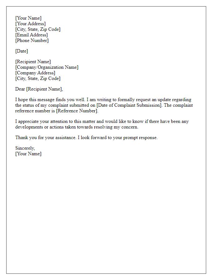 Letter template of request for update on complaint resolution