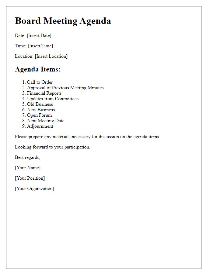 Letter template of board meeting agenda sharing.