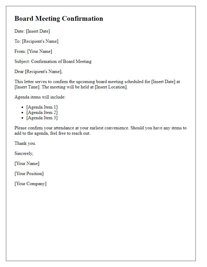 Letter template of board meeting confirmation.