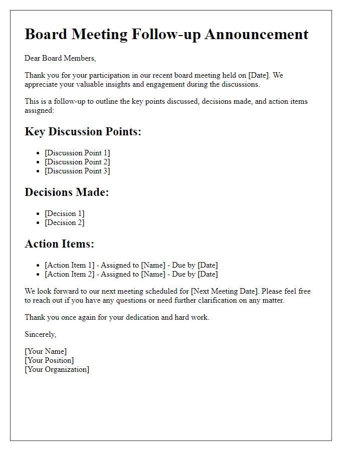 Letter template of board meeting follow-up announcement.