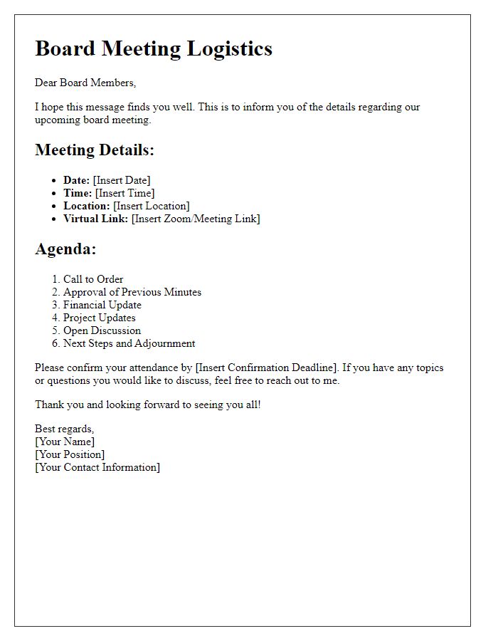 Letter template of board meeting logistics communication.