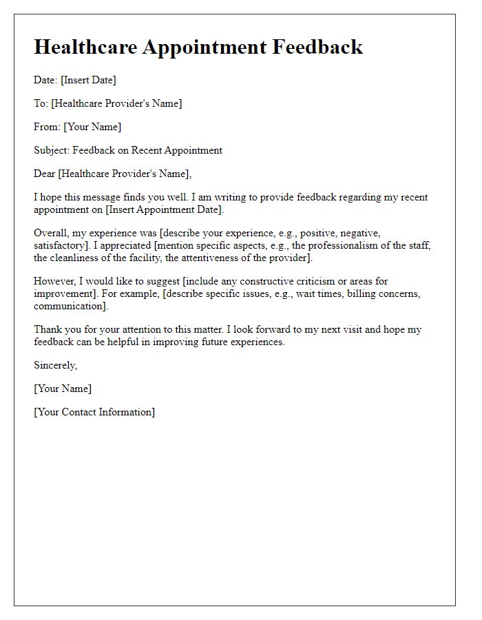 Letter template of healthcare appointment feedback