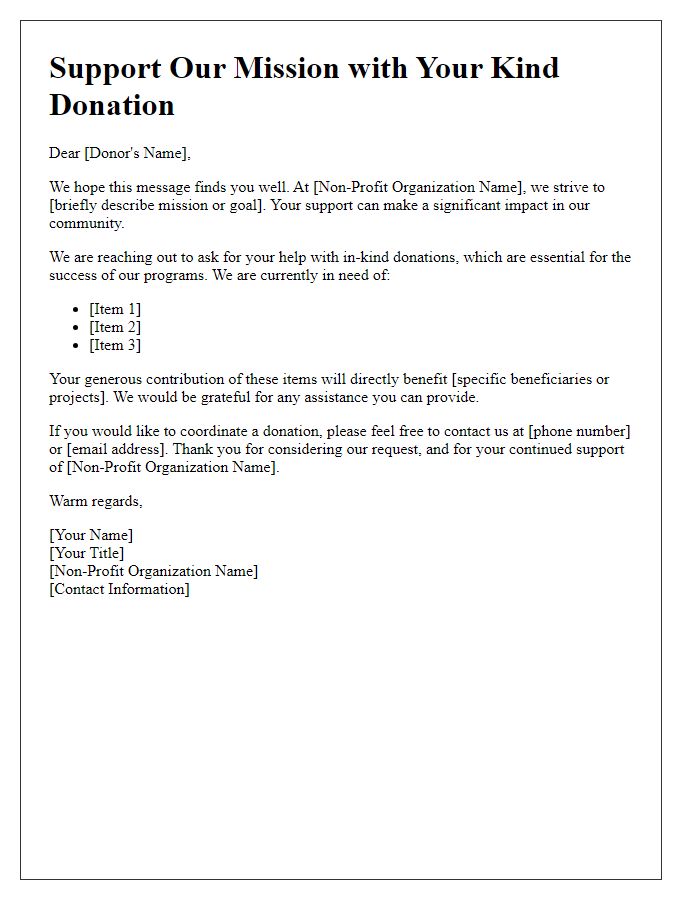 Letter template of in-kind donation appeal for non-profit needs