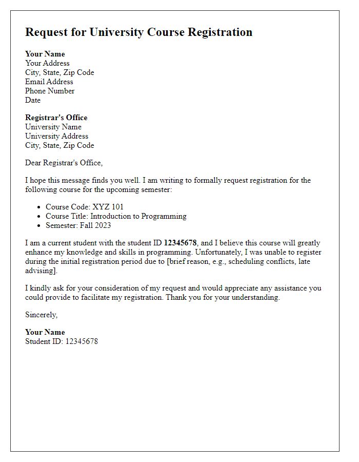 Letter template of request for university course registration