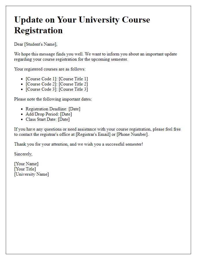 Letter template of update for university course registration details