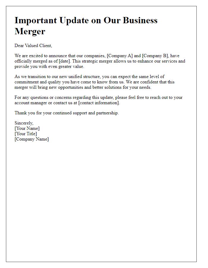 Letter template of business merger update for clients