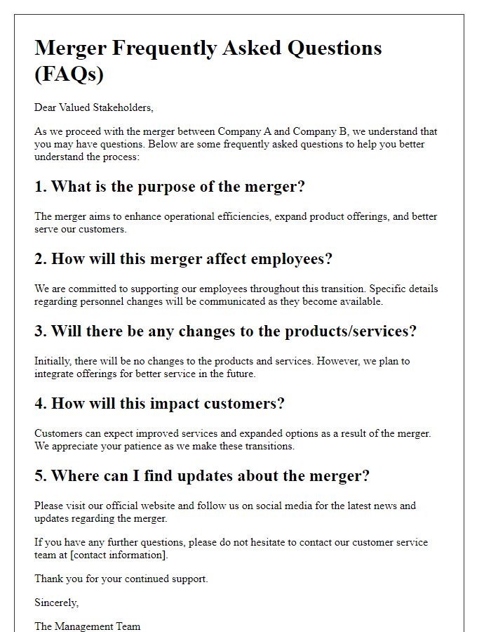 Letter template of merger FAQs for public inquiries