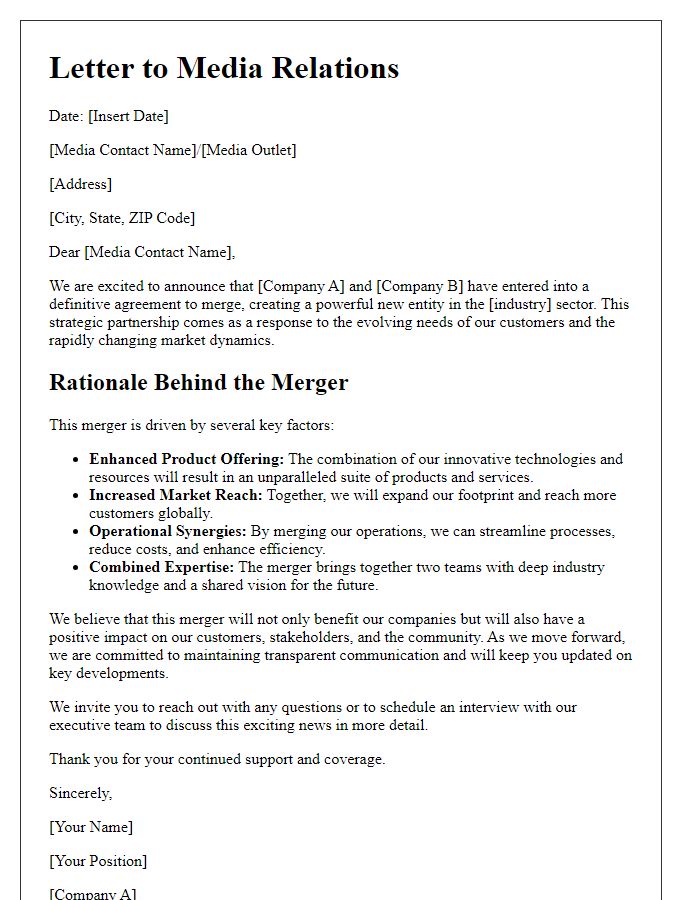 Letter template of merger rationale for media relations