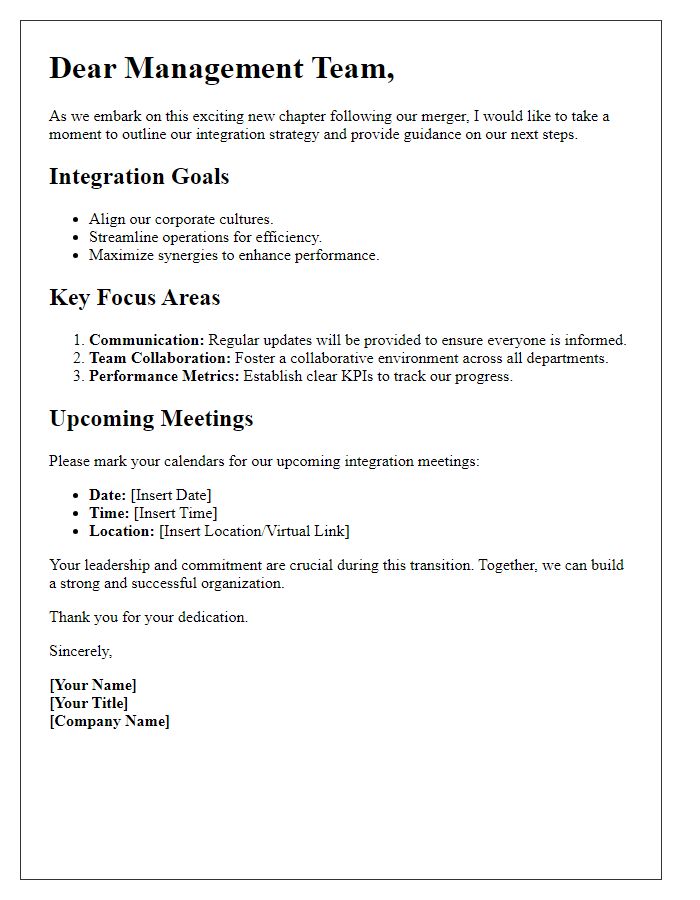 Letter template of post-merger integration for management team