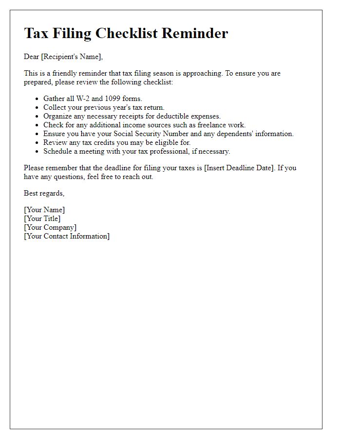 Letter template of tax filing checklist reminder