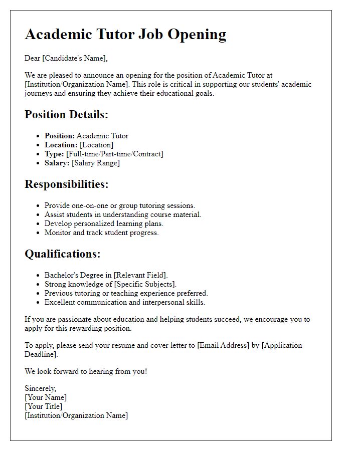 Letter template of Academic Tutor Job Opening