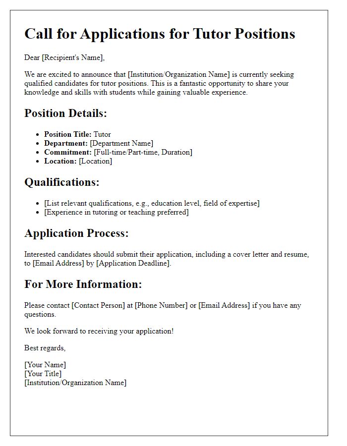 Letter template of Call for Applications for Tutor Positions