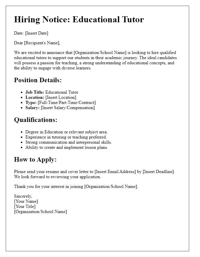 Letter template of Educational Tutor Hiring Notice