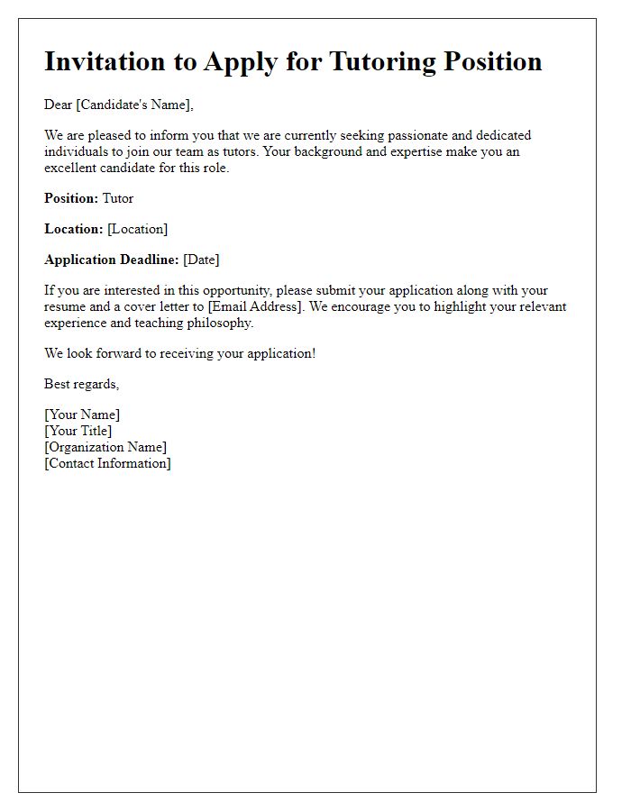 Letter template of Invitation to Apply for Tutoring Roles