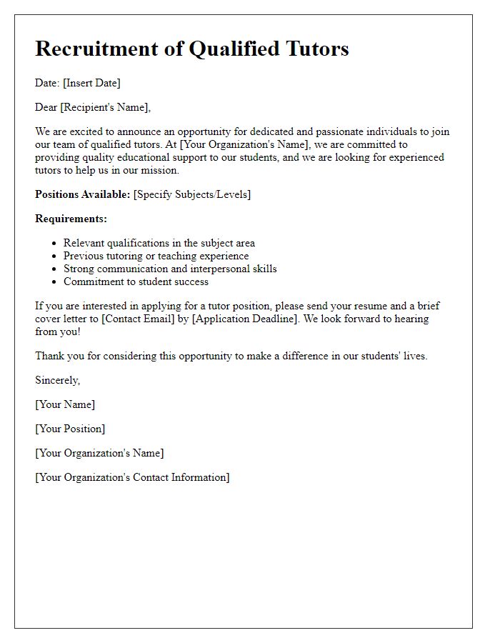 Letter template of Recruitment for Qualified Tutors