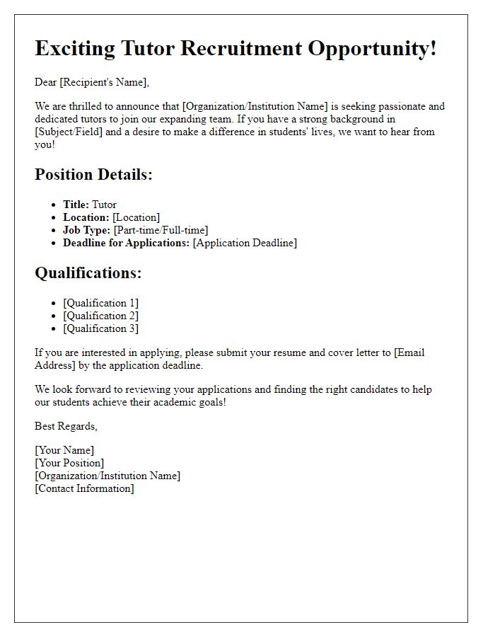 Letter template of Tutor Recruitment Announcement