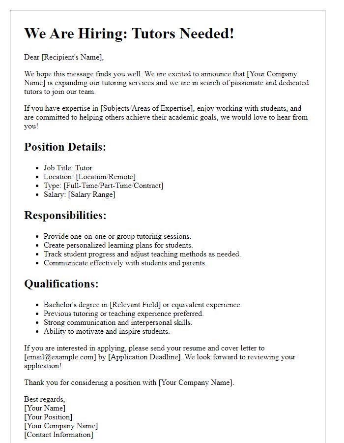 Letter template of Tutoring Services Hiring Call