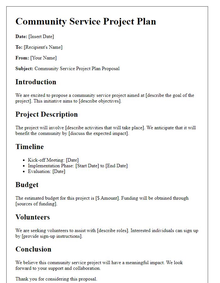 Letter template of community service project plan