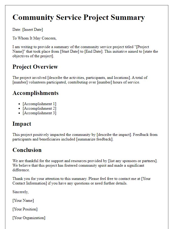 Letter template of community service project summary