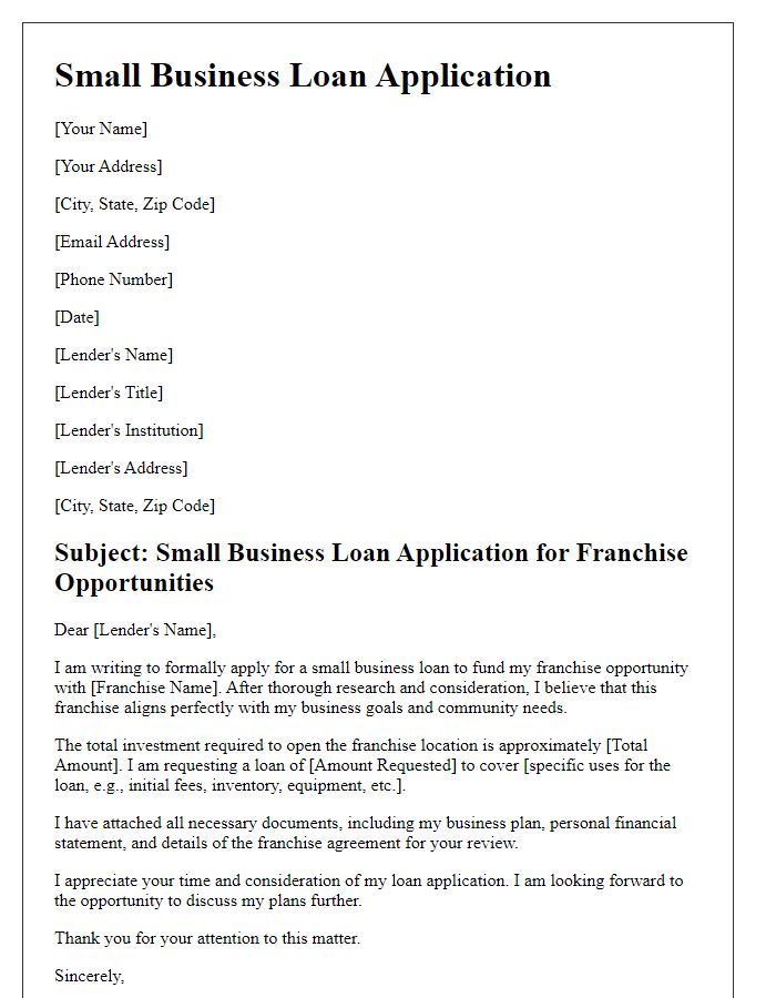 Letter template of small business loan application for franchise opportunities