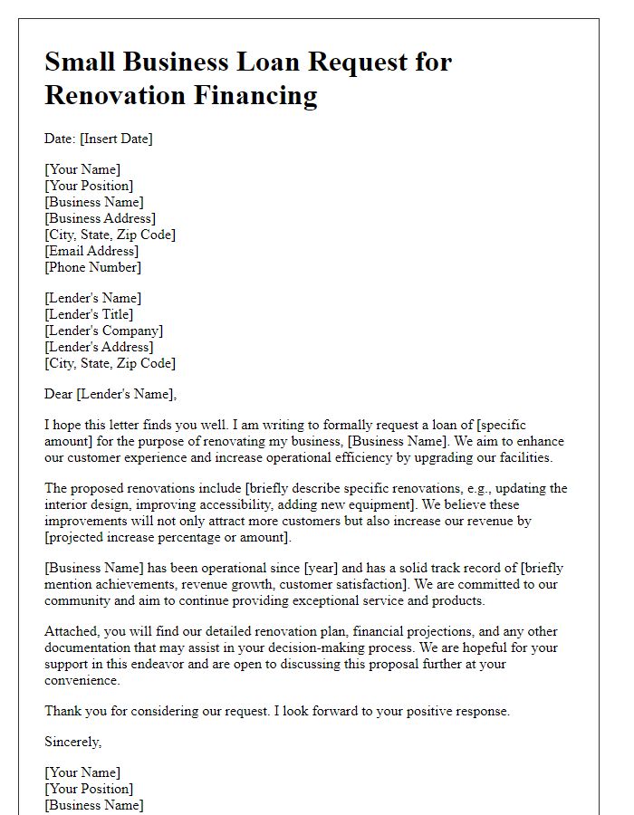 Letter template of small business loan request for renovation financing