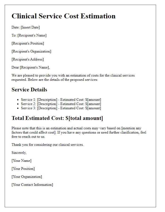 Letter template of clinical service cost estimation