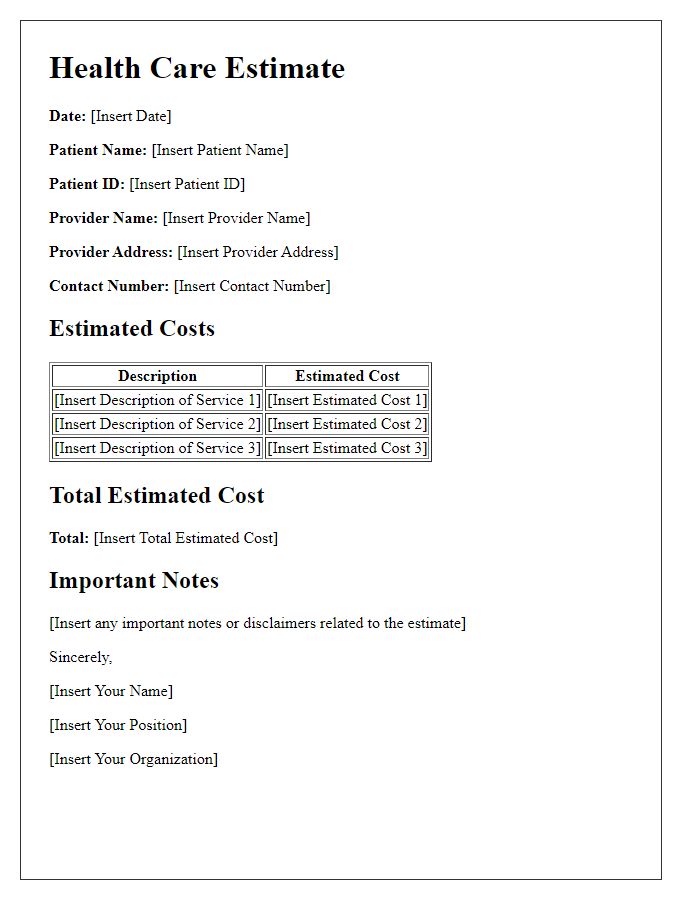 Letter template of health care estimate