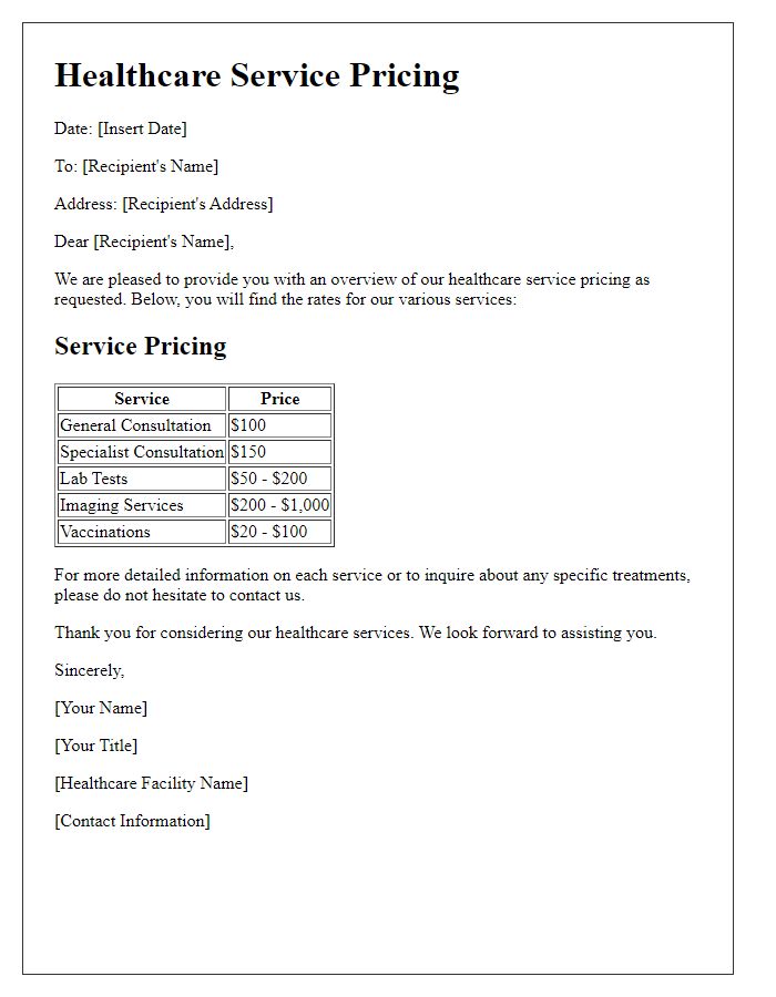 Letter template of healthcare service pricing