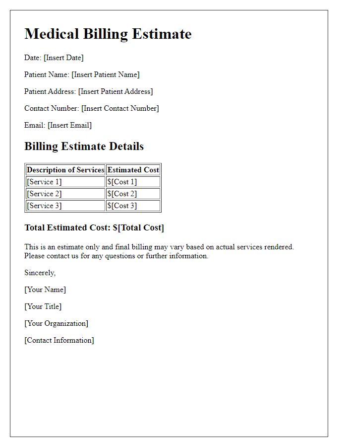 Letter template of medical billing estimate