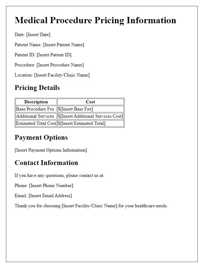 Letter template of medical procedure pricing